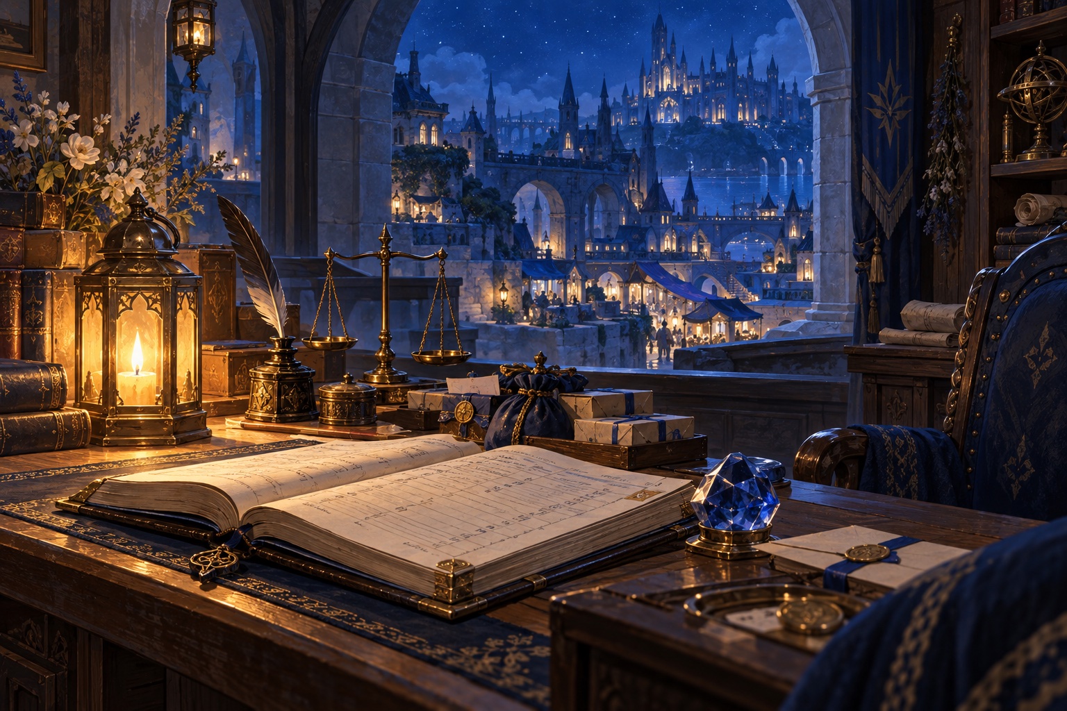 A warm merchant’s study with trading ledgers and a blue crystal