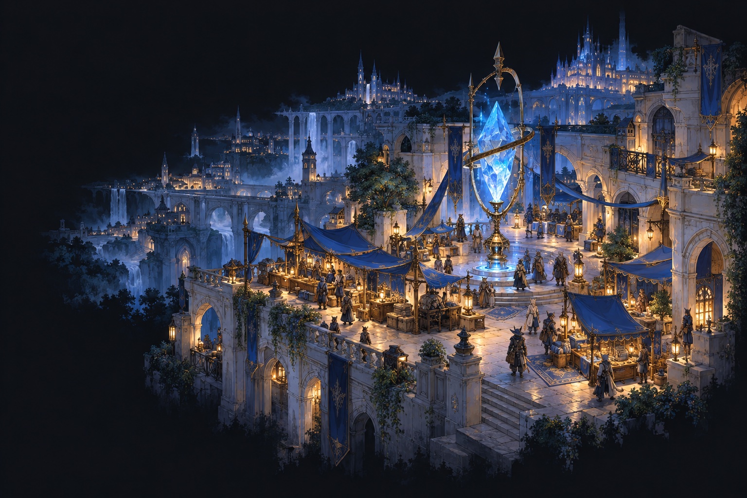 A lantern-lit fantasy market gathered around a glowing blue crystal
